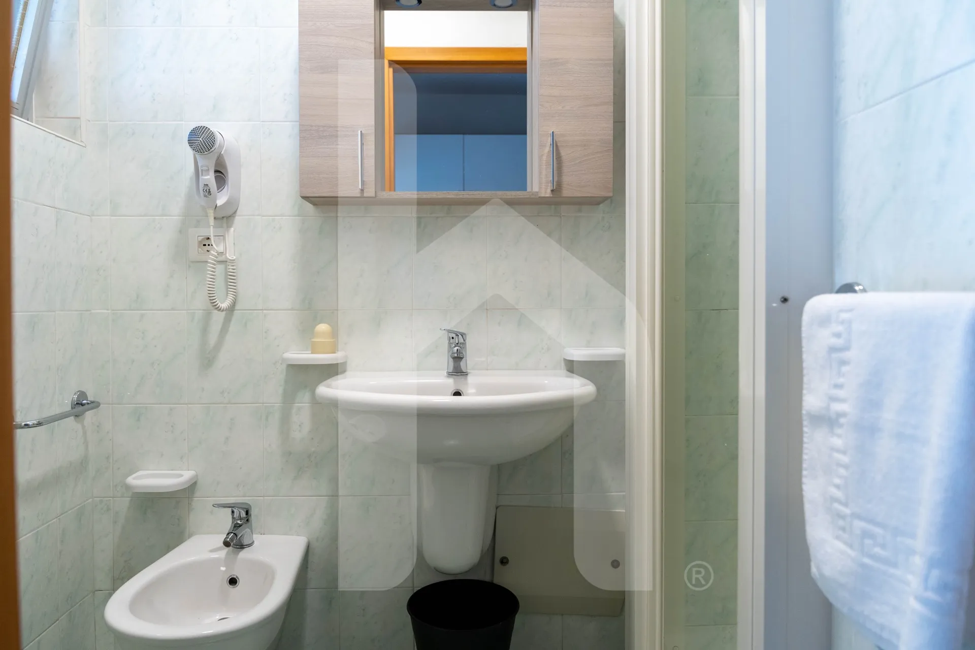 Bagno verde acqua con doccia, interno delle camere de Il Giardino